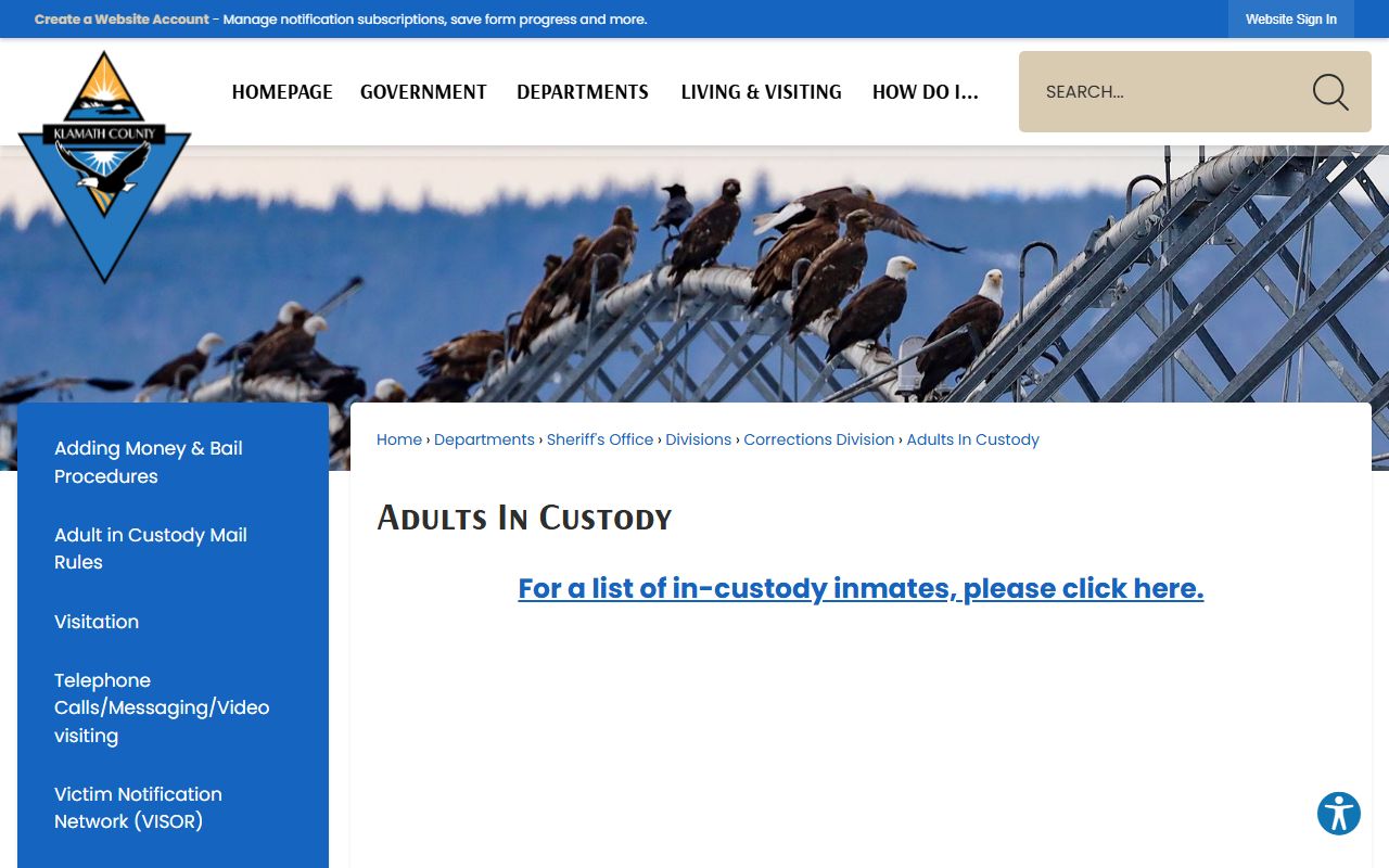 Klamath County Adults In Custody page linking to the public jail roster