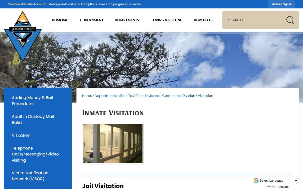 Klamath County Jail visitation rules page with scheduling and visitor requirements