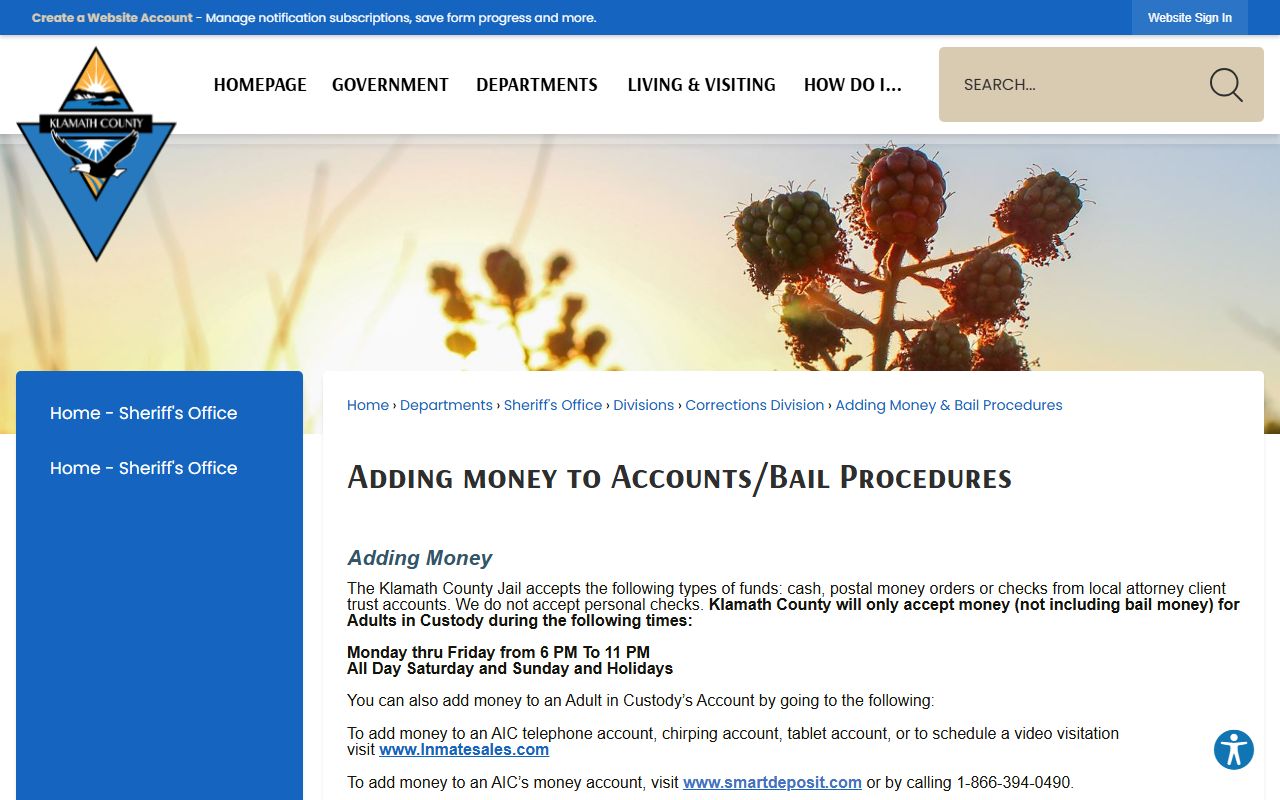 Klamath County Jail money deposit and bail procedures page